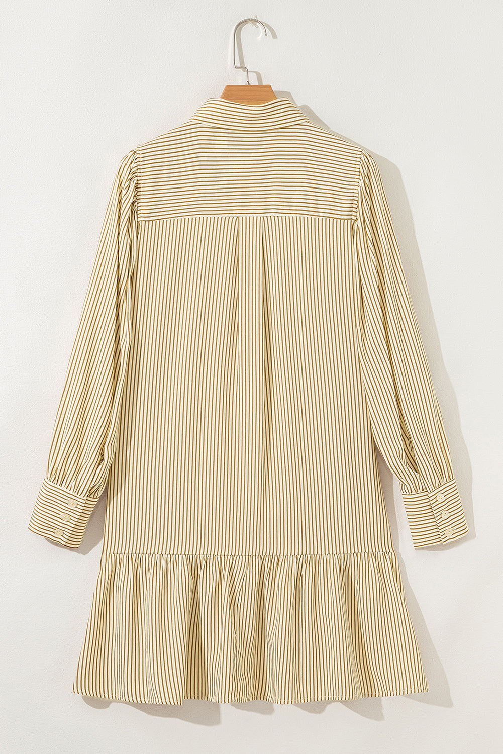 Brown Stripe Collared Neck Cuffed Long Sleeve Drop Waist Mini Dress