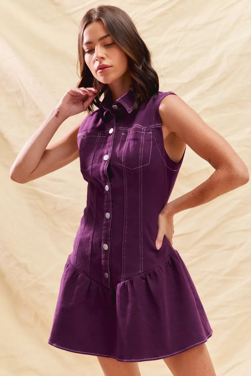 Button Down Sleeveless Collared Game Day Mini Dress