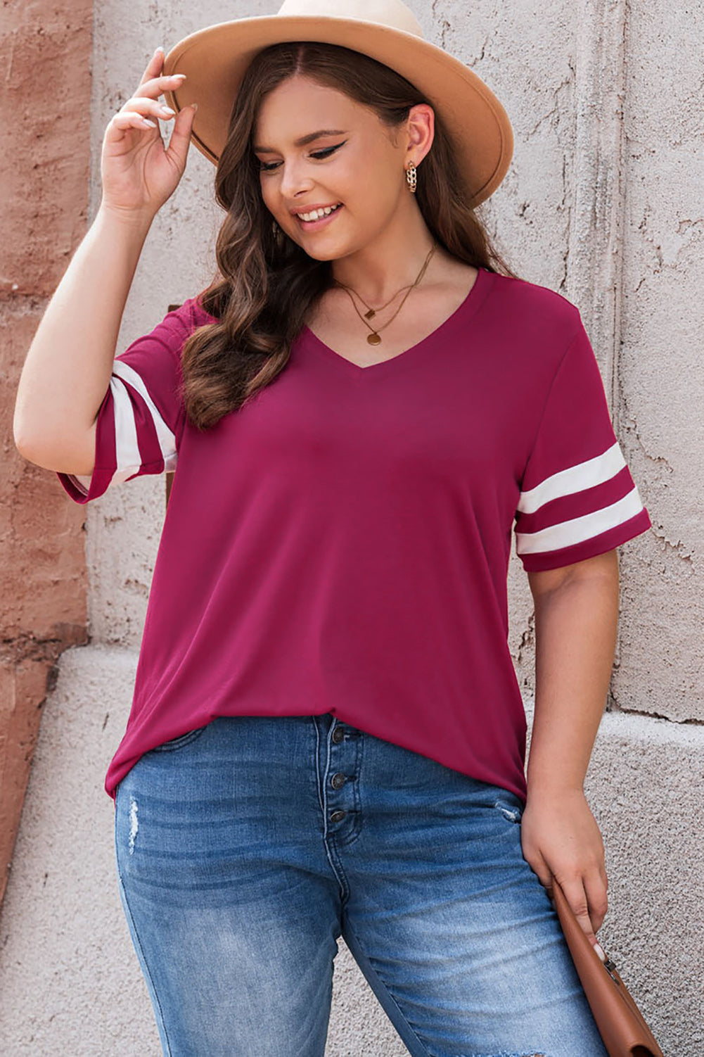 Plus Size Striped V-Neck Tee Shirt See size chart under “more details”