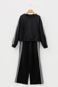 Black Varsity Striped Detail Crewneck Pullover Elastic Sweatpants 2pcs Outfit