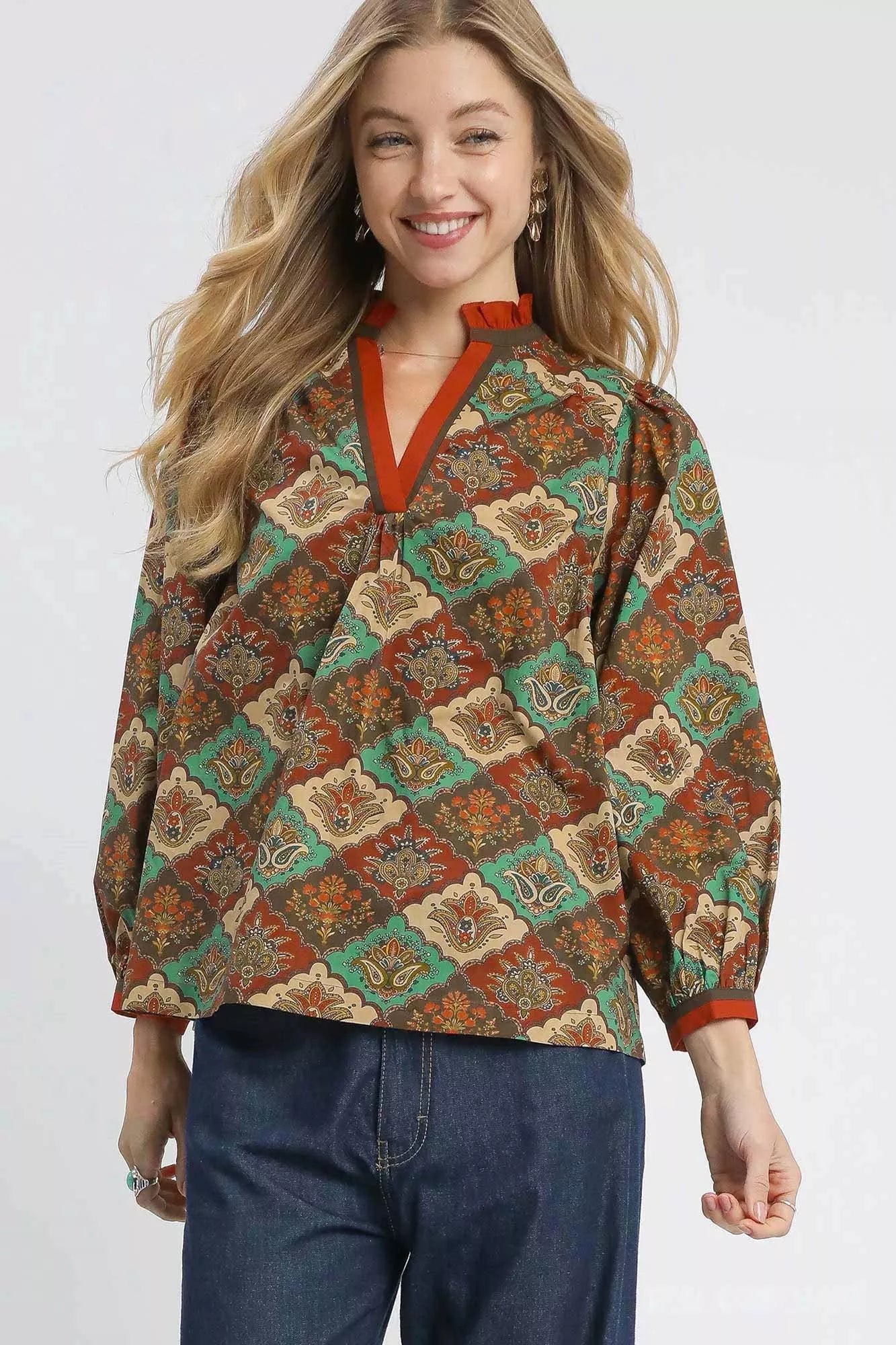 Umgee Abstract Print Ruffle Neck Top