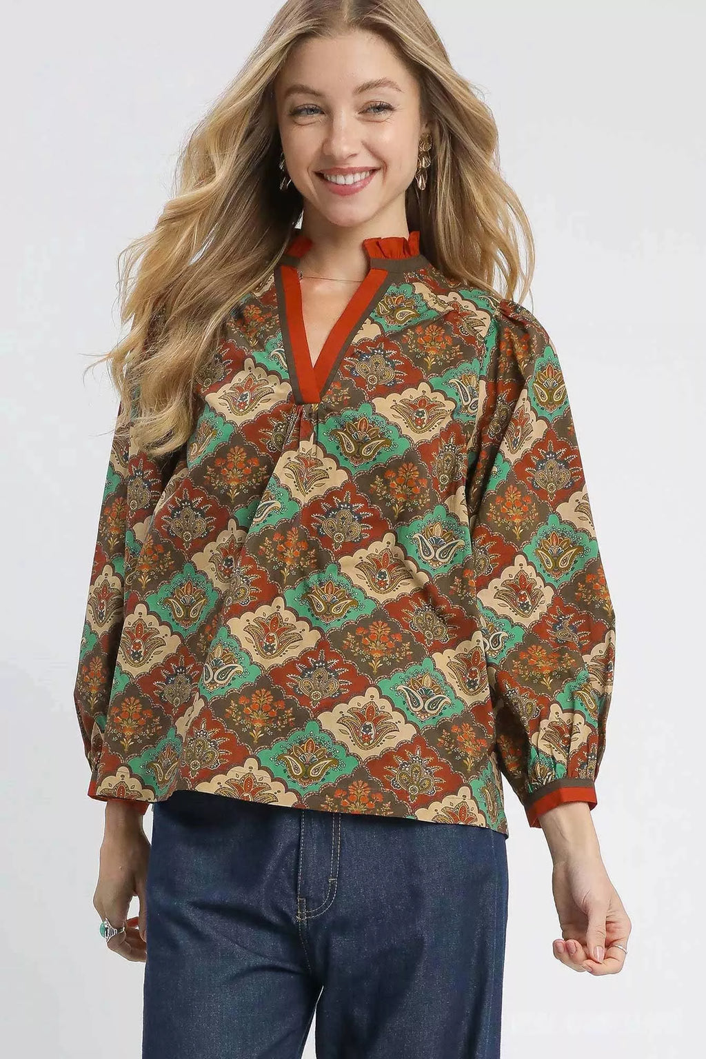 Abstract Print Ruffle Neck Top