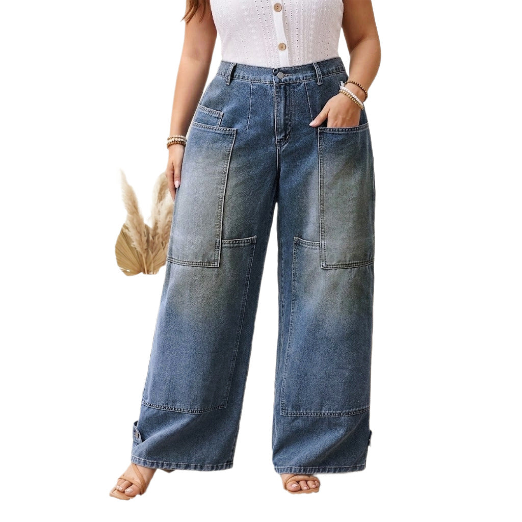 Womens Fashion Plus-Size Retro Washed Loose-Fit Jeans