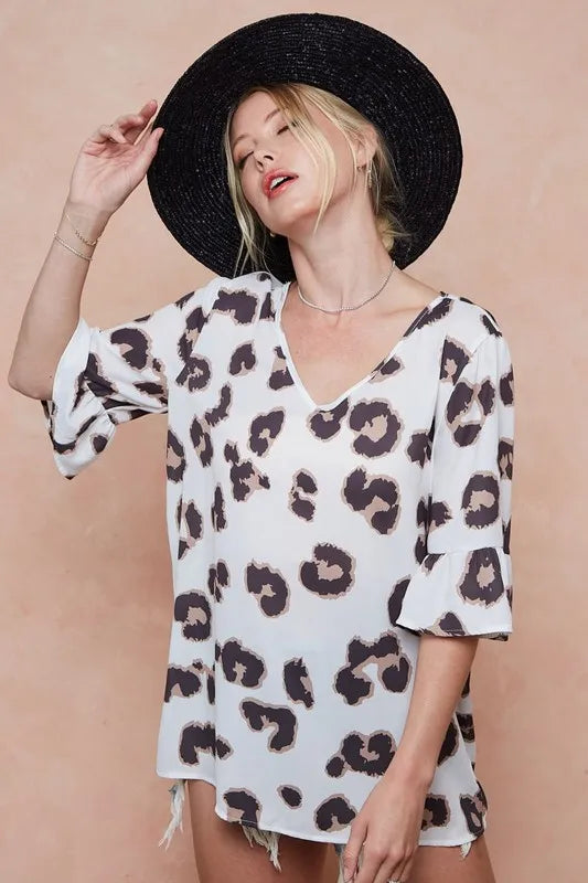 Leopard Printed V Neck Woven Top with Ruffled