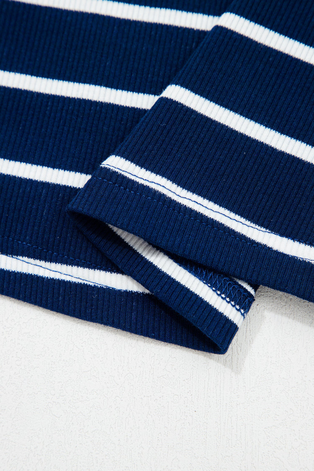 Blue Stripe Stand Collar V Neck Elastic Cuffs Half Sleeve Dolman Top