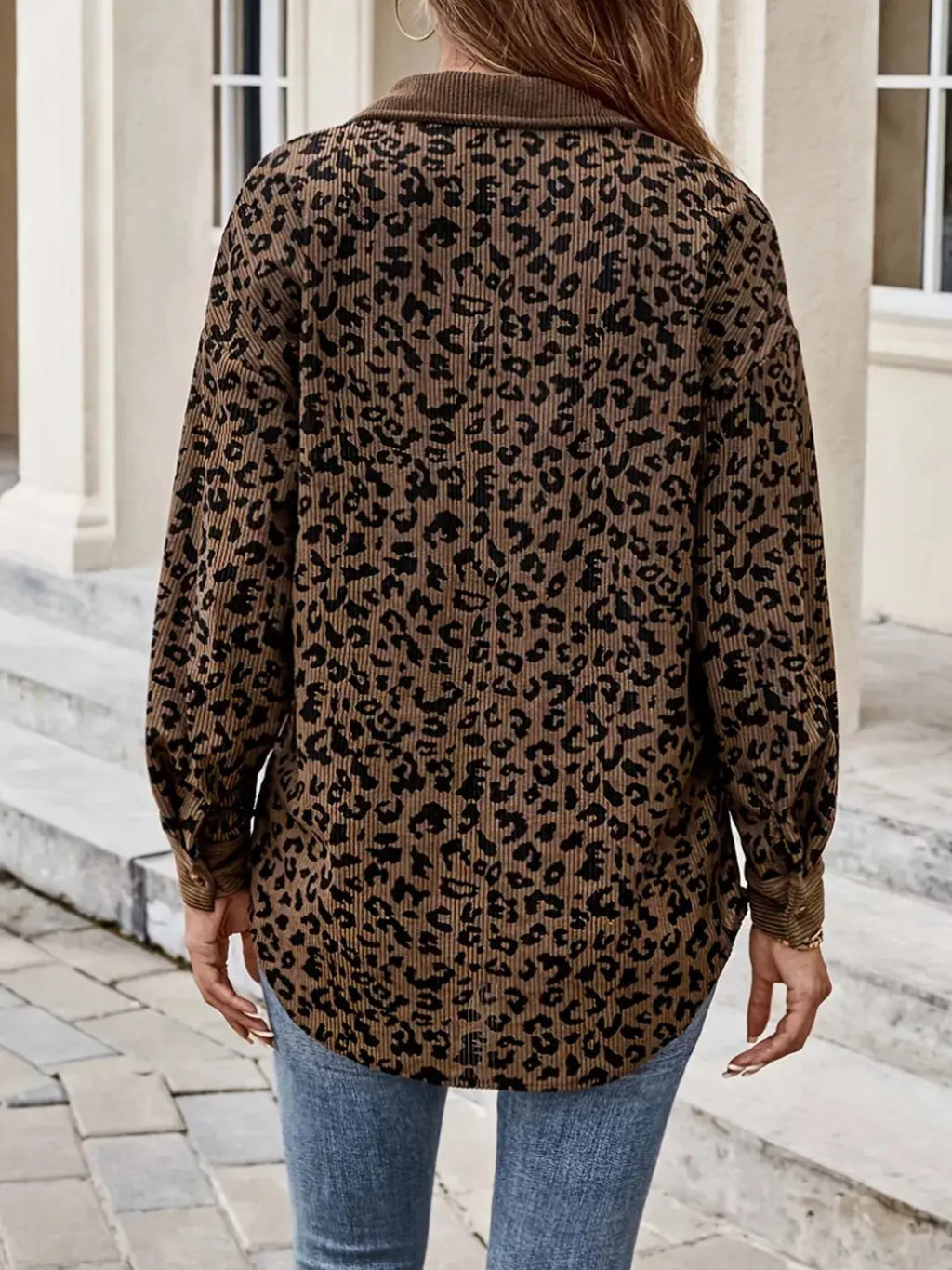 Leopard Print Corduroy Button-Up Jacket