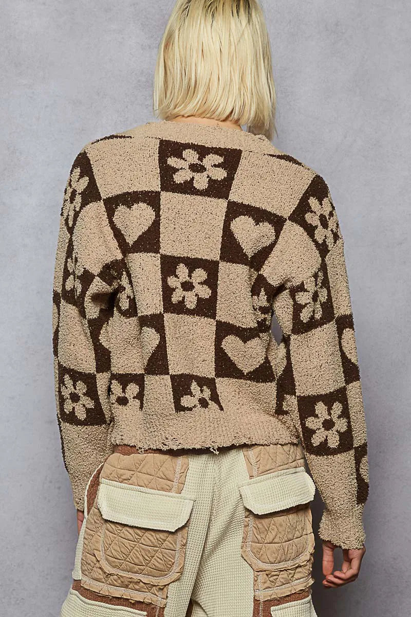 V-Neck Heart Pattern Checkered Sweater