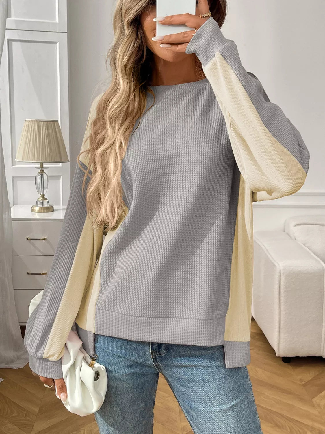 Color Block Waffle Knit Long Sleeve T-Shirt