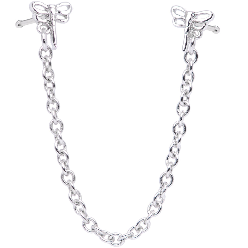 20G 1/4 Daring Dragonfly Chain Dangle Double Nose Bone