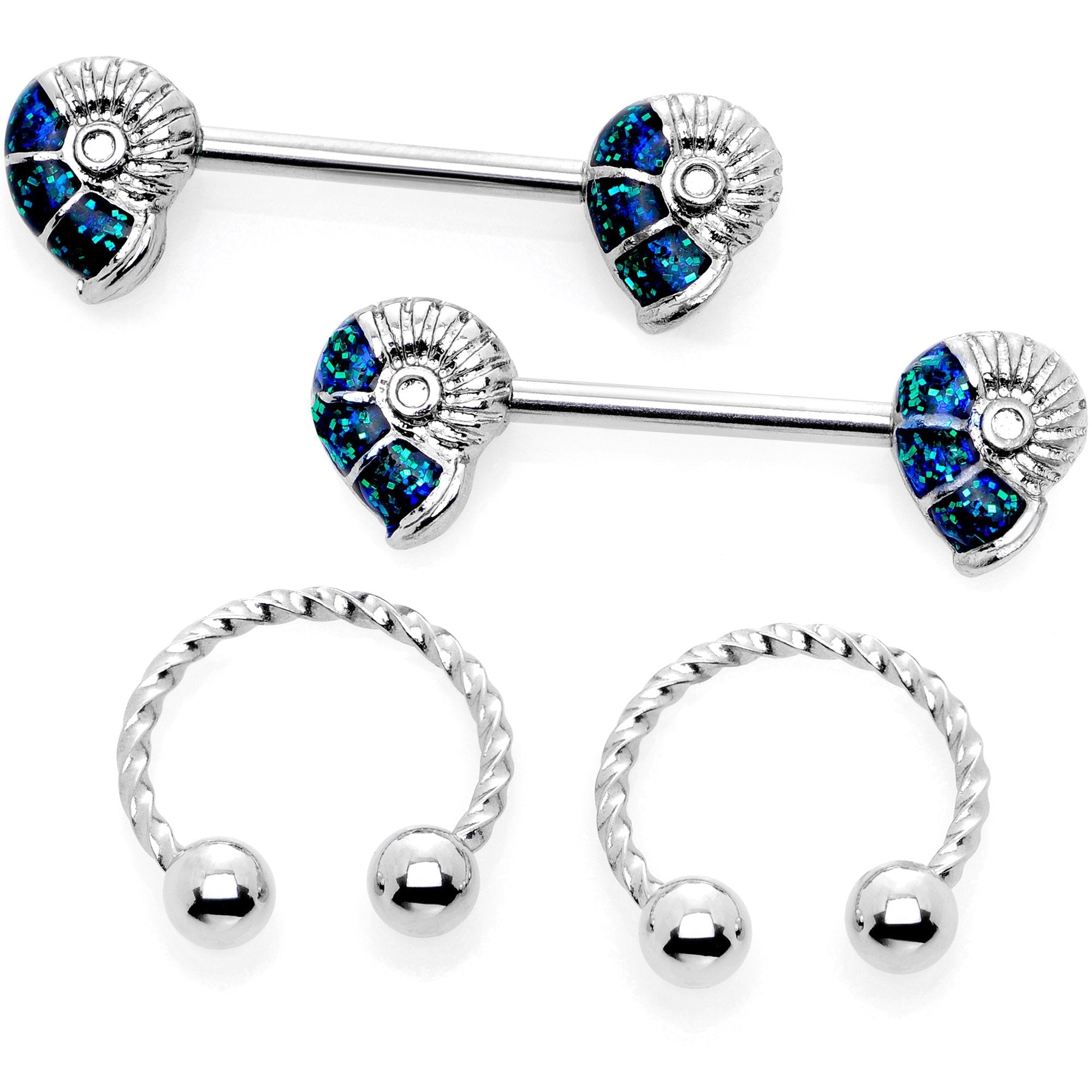 14G 1/2 9/16 Blue Seashell Twisted Horseshoe Nipple Jewelry Set