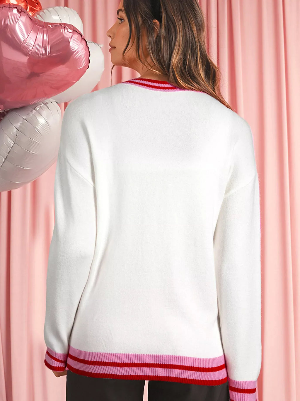 Striped Trim Bow Graphic Round Neck Drop Shoulder Sweater