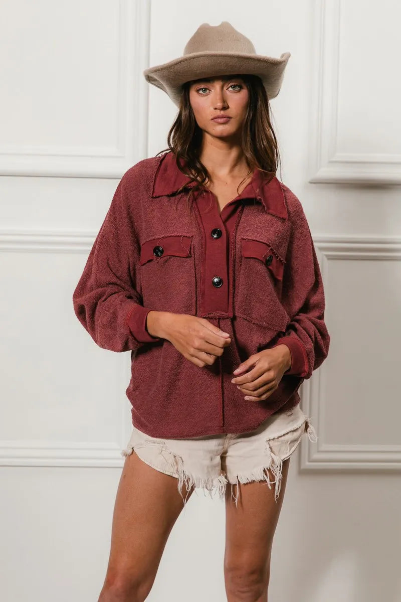 Cp French Terry Cut Edge Detail Collared Top
