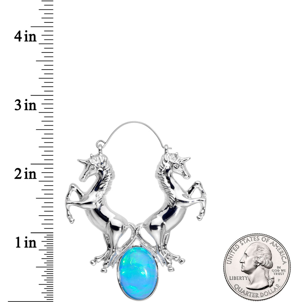 Blue Faux Opal Leaping Unicorns Tunnel Plug Earrings