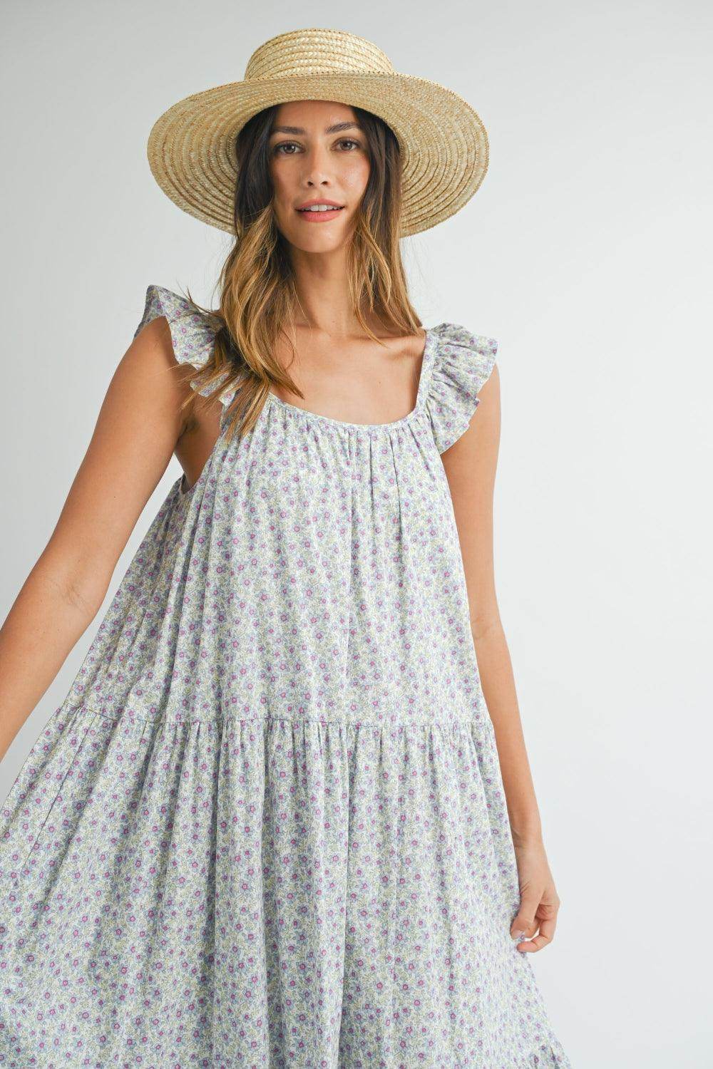 MABLE Floral Ruffle Shoulder Tiered Midi Dress for Women