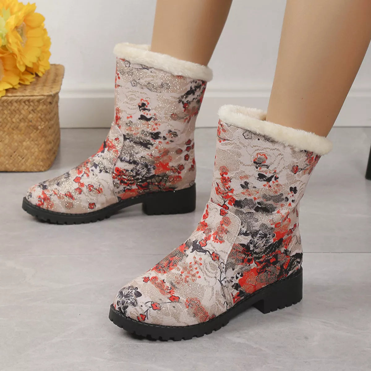 Floral Print Warm Lined Ankle Boots