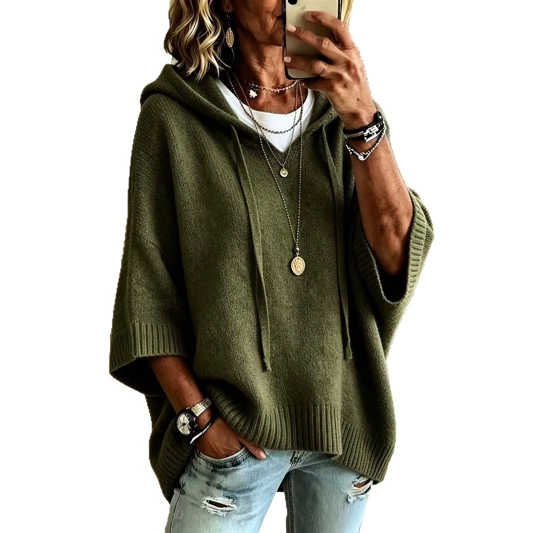 Hooded Batwing Knit Sweater New Fallwinter Style Loose-fitting