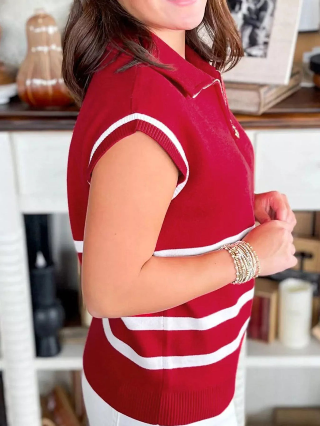Striped Zip-Up Collar Sweater Vest