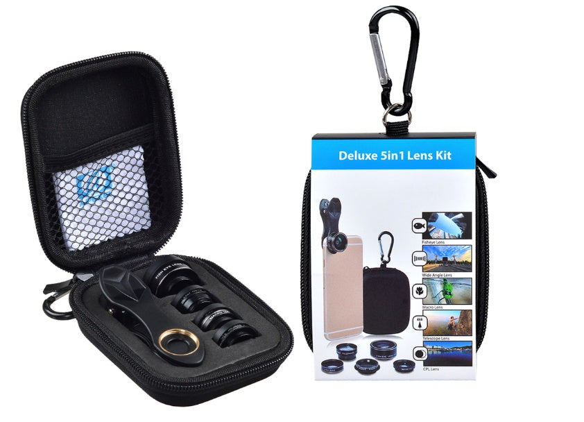 Compatible with Apple, Universal 5 in 1 Clip-On Cell Phone Lens Kit Fisheye Wide Angel Macro Telephoto CPL Lens for iPhone for Xiaomi for Huawei