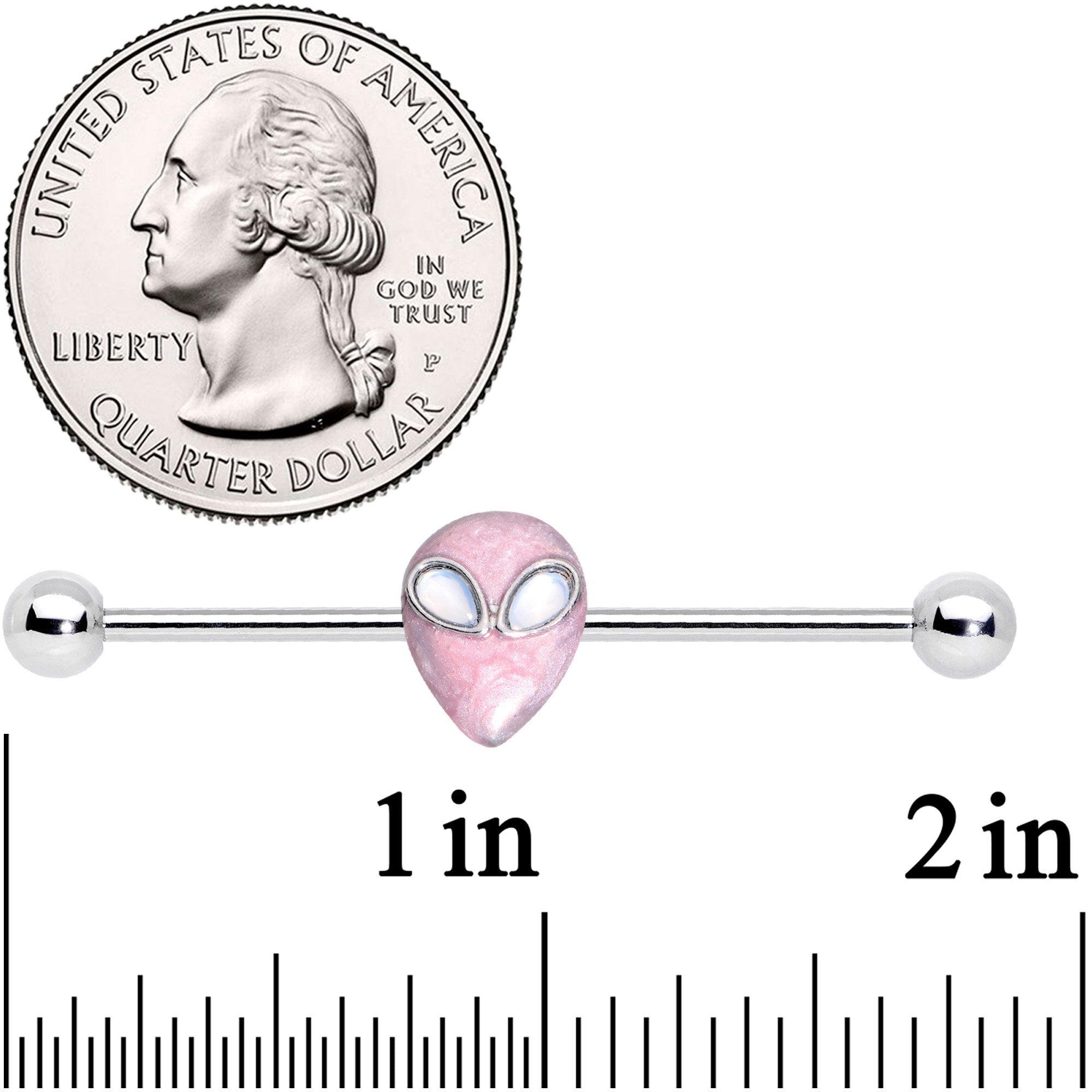 14G White Faux Opal Pink Alien Invader Industrial Barbell 38mm