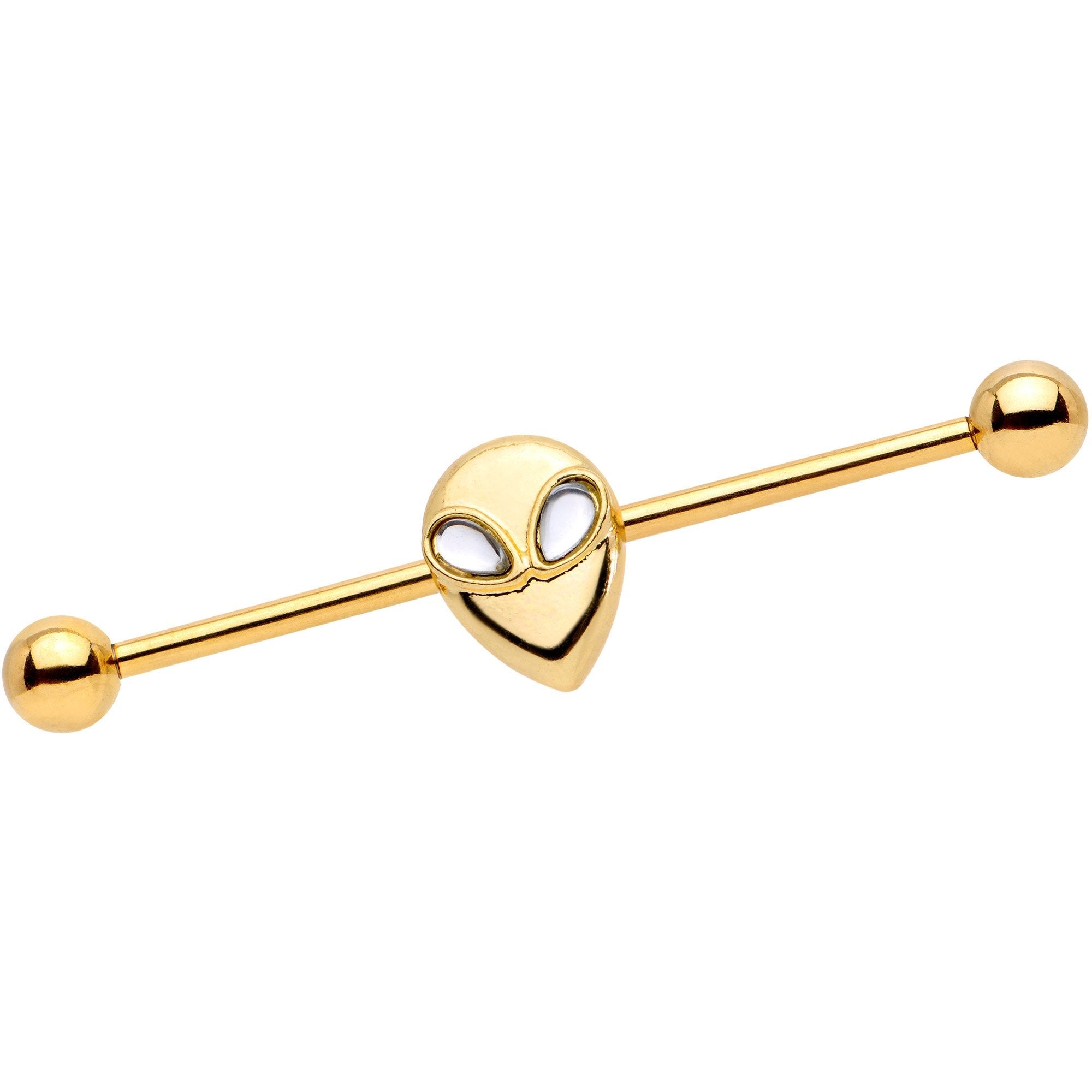 14G Clear Gem Gold Tone Alien Invader Industrial Barbell 38mm