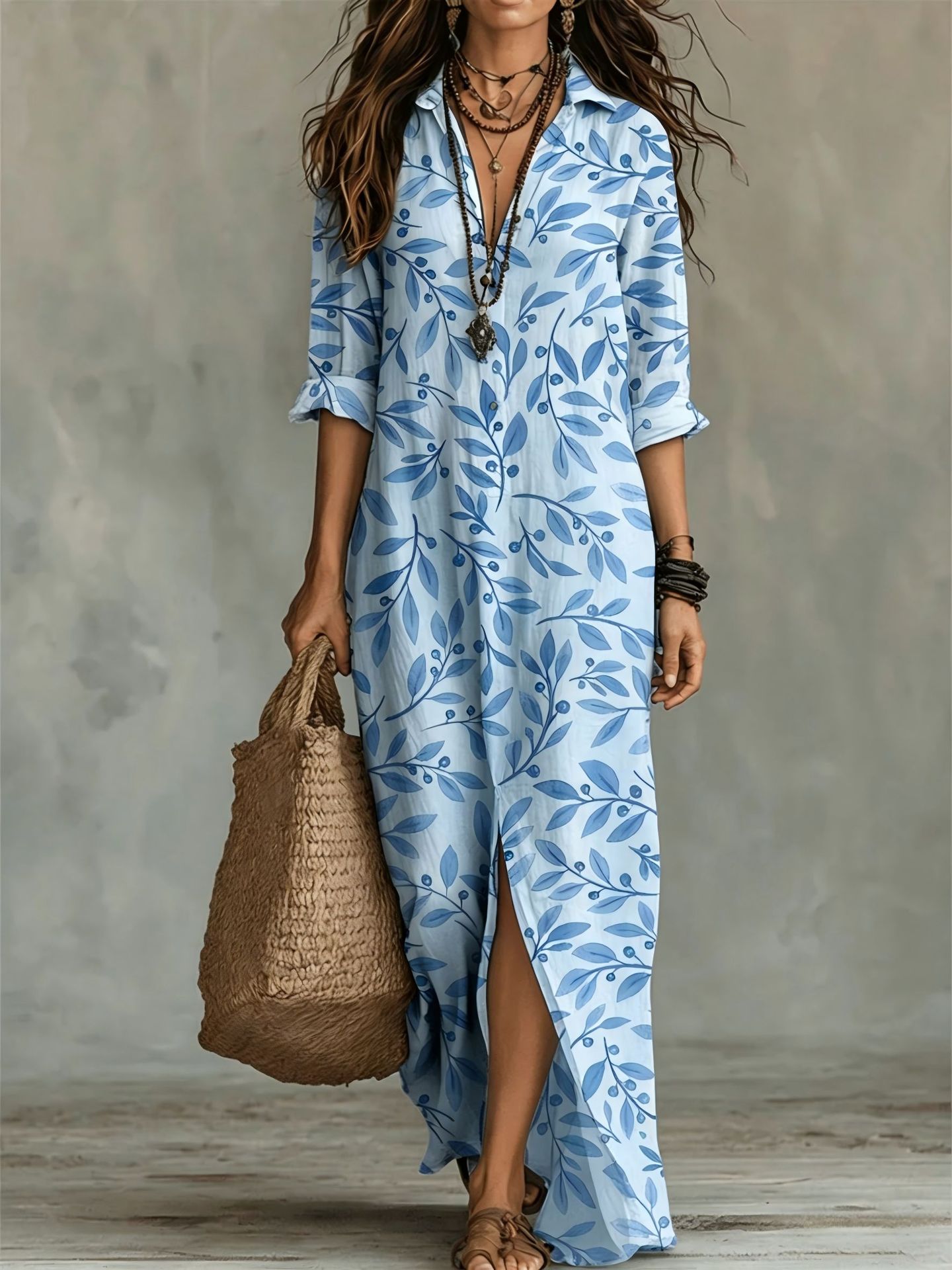 Digital Print Lapel Midi Shirt Dress – 5 Colors, S–3XL