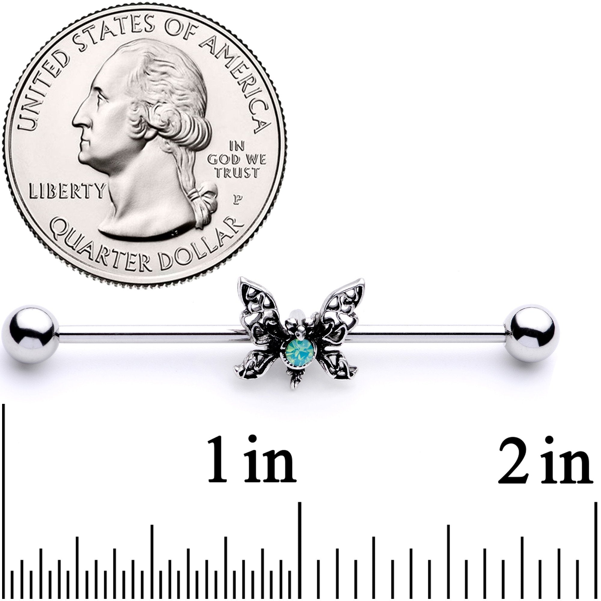 14G Blue Faux Opal Butterfly Industrial Barbell 38mm