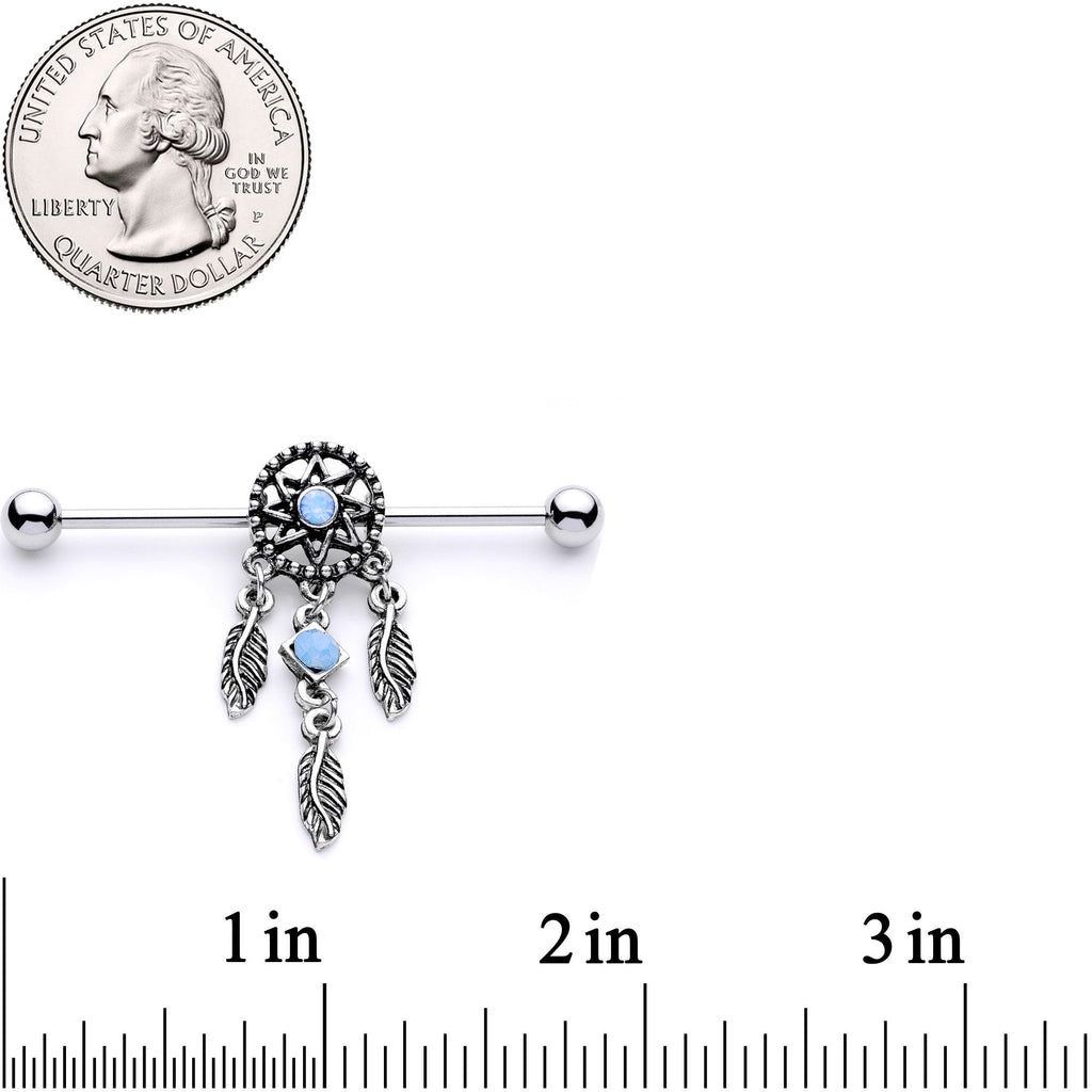 Blue Synthetic Opal Feather Dreamcatcher Industrial Barbell 38mm
