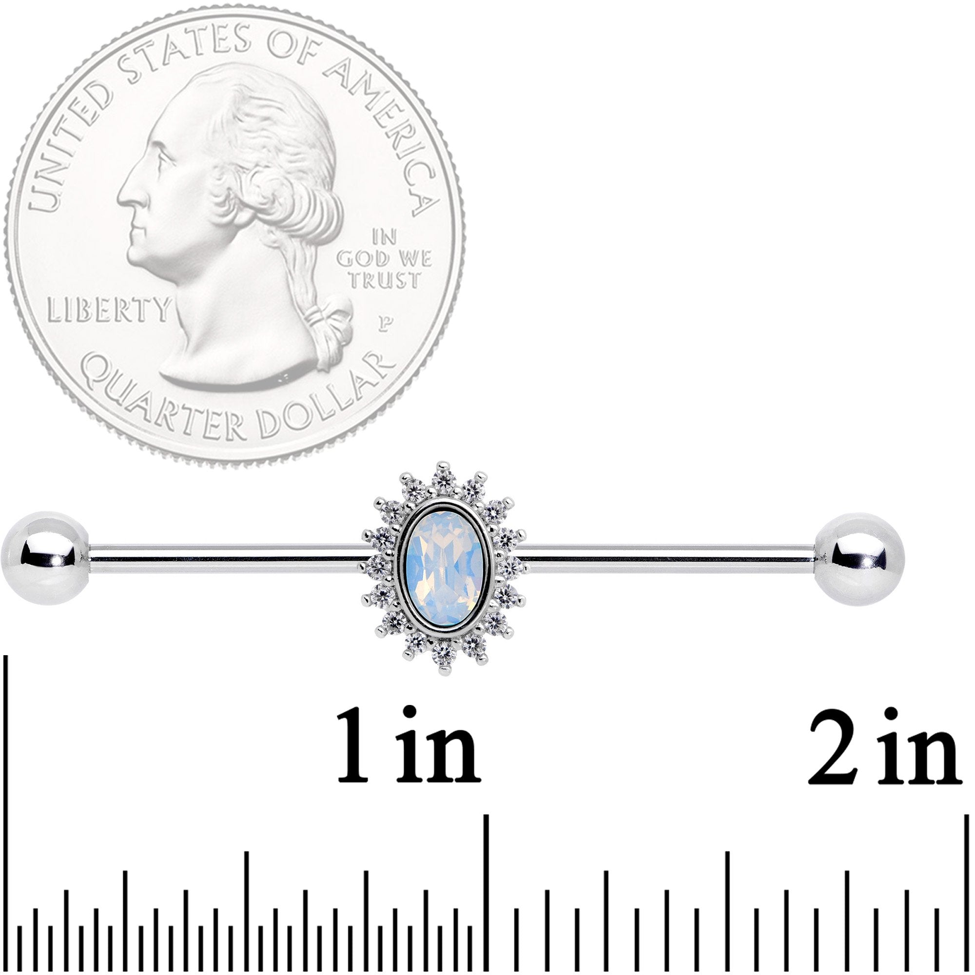 14G Clear CZ Gem White Faux Opal Framed Industrial Barbell 38mm