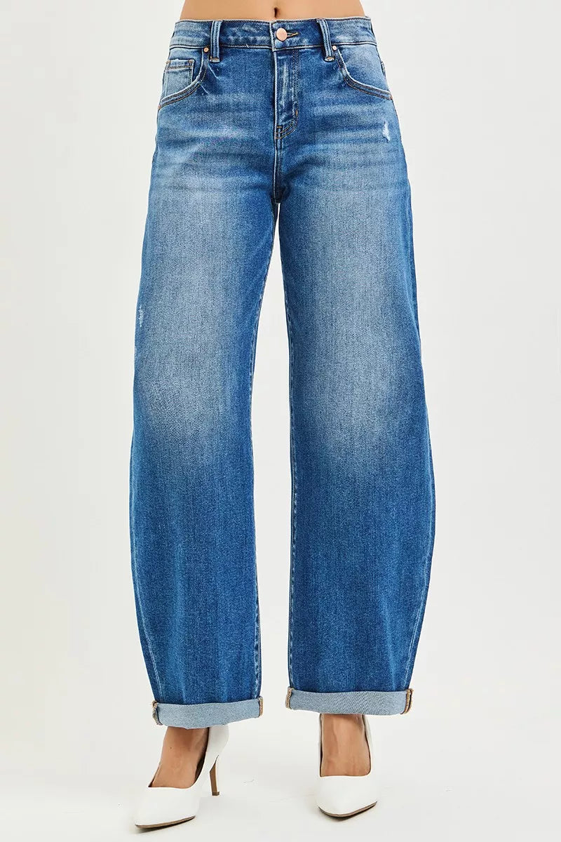RISEN Full Size Mid Rise Barrel Double Roll Up Jeans Plus Size