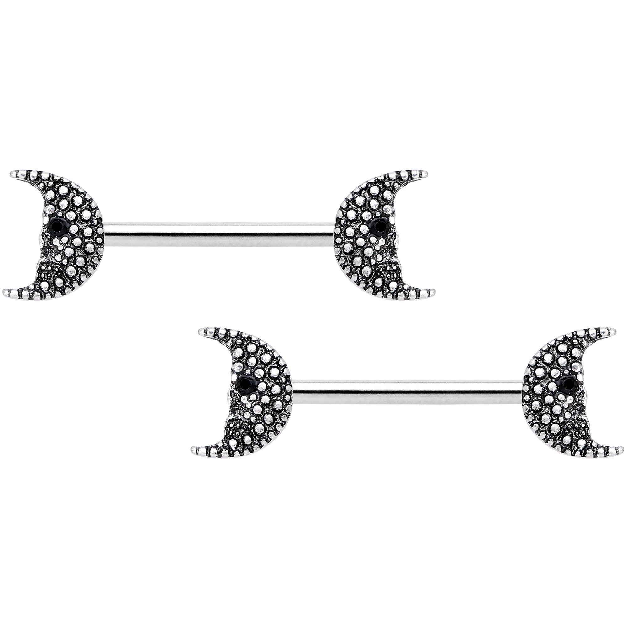 14G 9/16 Black Gem Skull Crescent Moon Barbell Nipple Ring Set