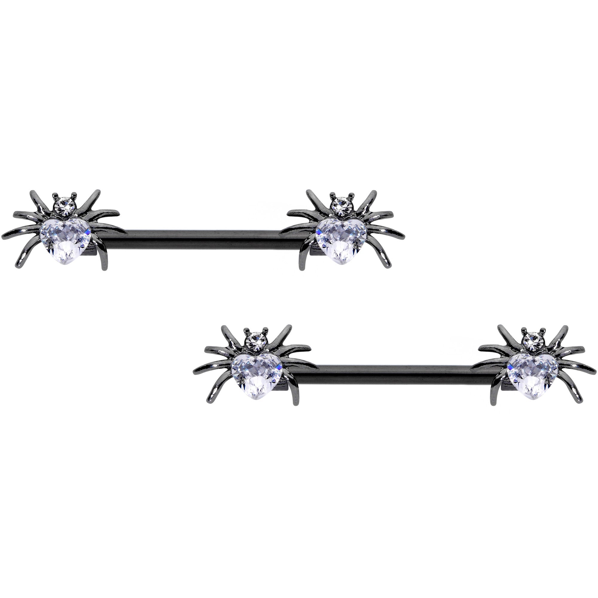 14G 5/8 Clear Gem Black Sexy Heart Spider Barbell Nipple Ring Set