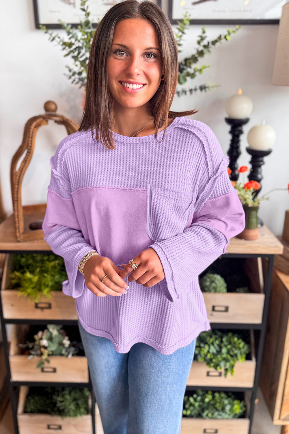 Phalaenopsis Thermal Knit Contrast Textured Patchwork Long Sleeve Top
