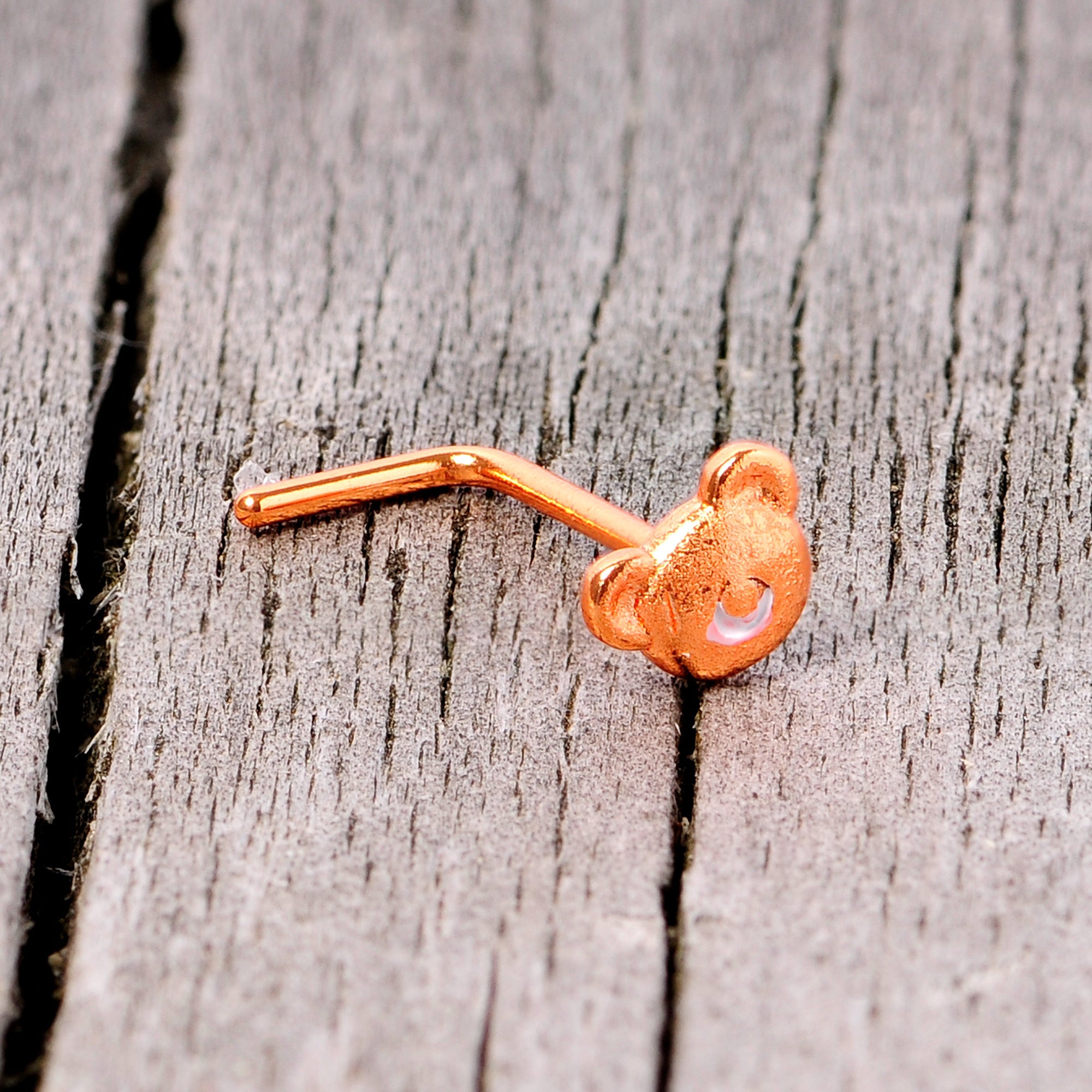 22G 5/16 Rose Gold Tone Tiny Teddy Bear L Shaped Nose Ring