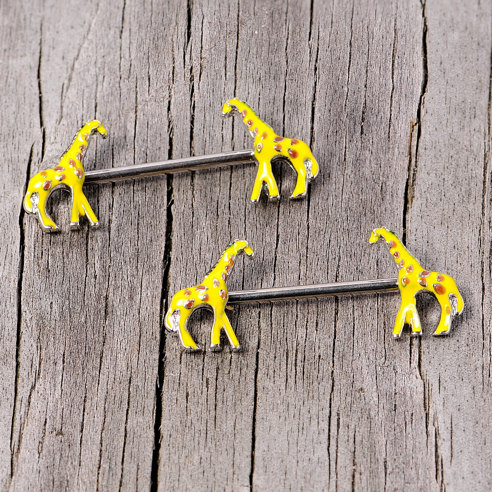 14G 9/16 Brown Yellow Giraffe Barbell Nipple Ring Set