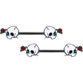 14G 9/16 Black PVD Rose Scary Skull Halloween Nipple Ring Set