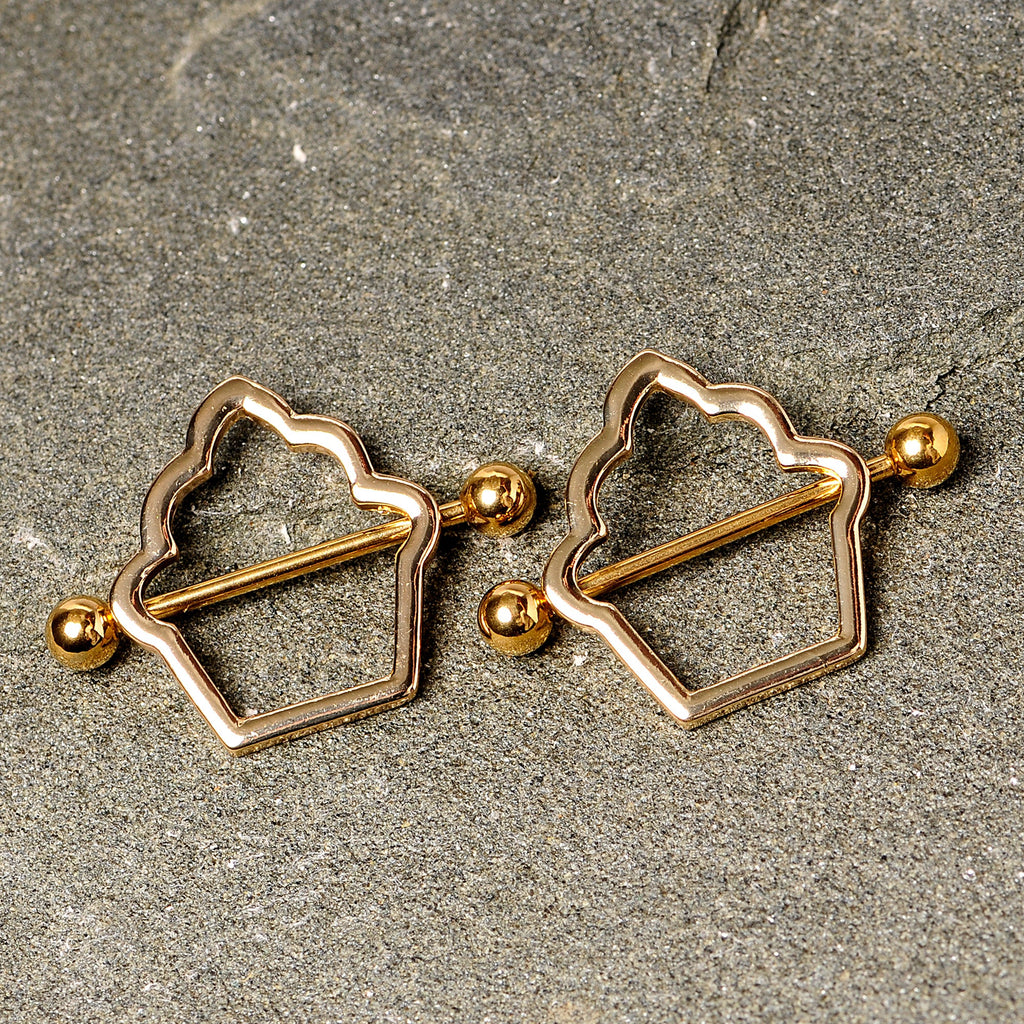 14G 9/16 Gold Tone Hollow Cupcake Nipple Shield Set
