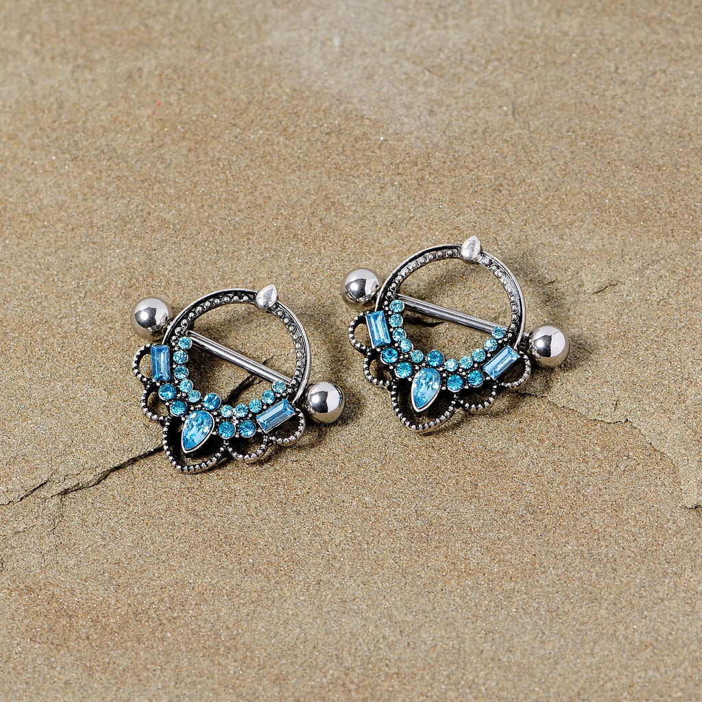 14G 5/8 Aqua Gem Filigree Nipple Shield Set