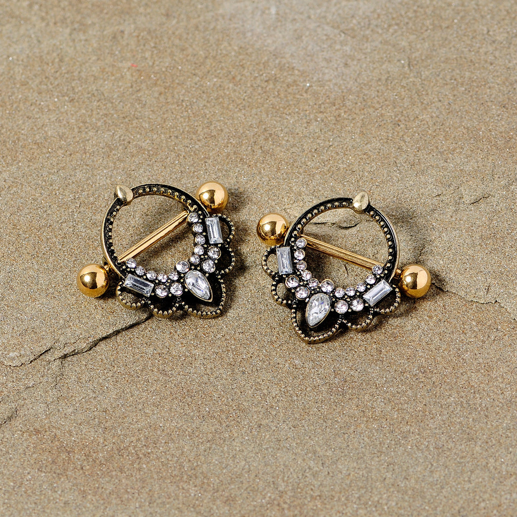 14G 5/8 Clear Gem Gold Tone Filigree Nipple Shield Set