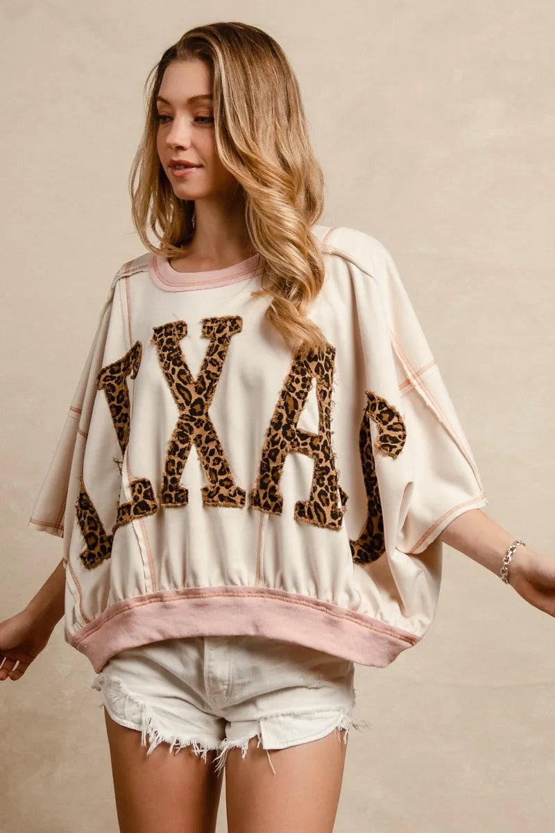 BiBi Leopard Print Texas Patchwork Overlock Stitch Top