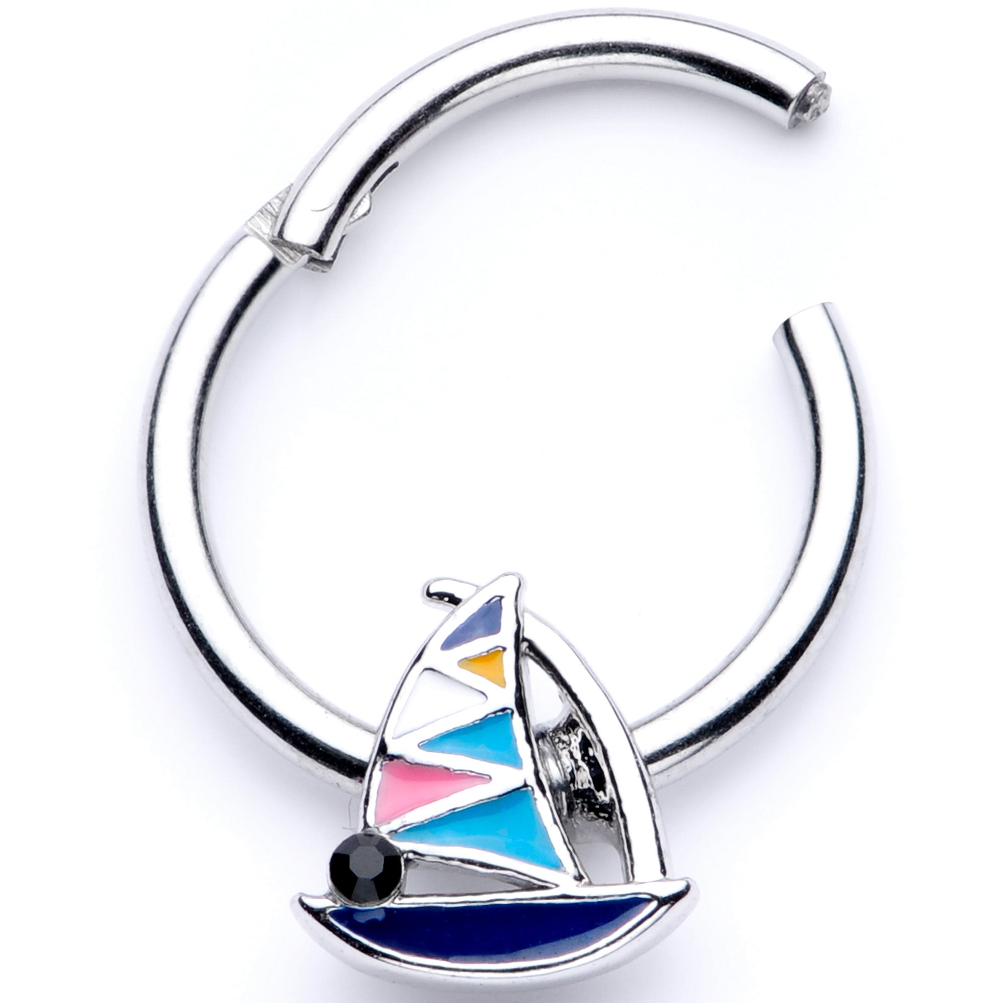 16G 3/8 Black Gem Pink Teal Nautical Sailboat Hinged Segment Ring