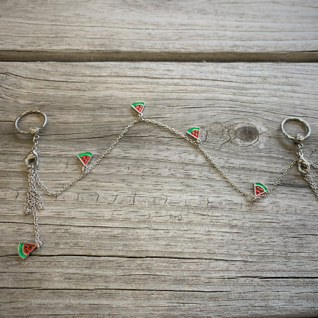 14G 9/16 Clear Gem Watermelon Captive Ring Dangle Nipple Chain