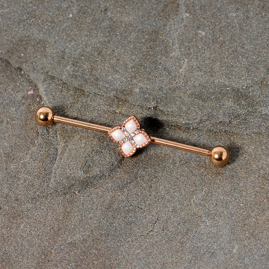 14G Clear Gem Rose Gold Tone Renaissance Industrial Barbell 38mm