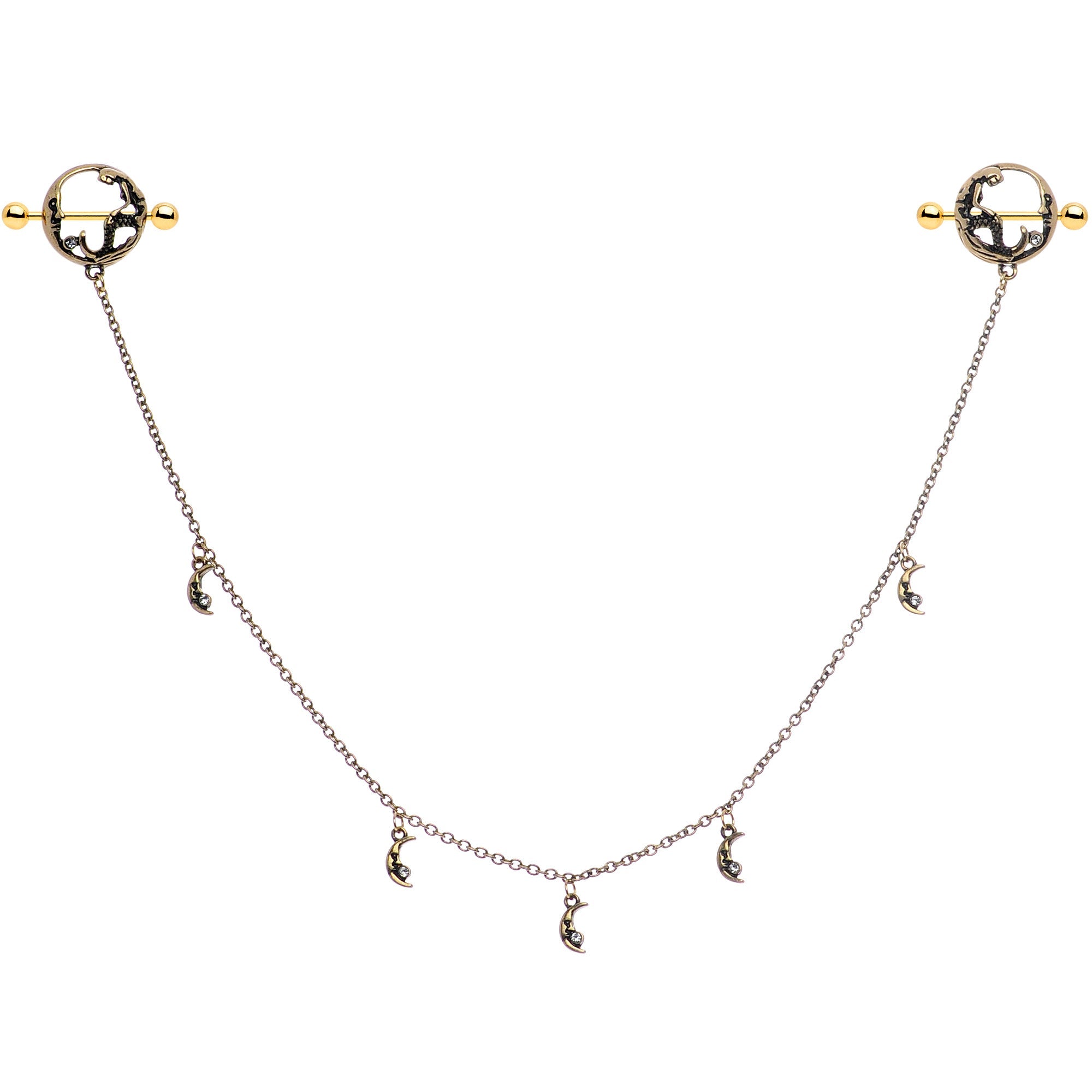 14G Clear Gem Gold Tone Moon Mermaid Nipple Shield Dangle Chain