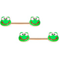 14G 9/16 Rose Gold Tone Green Goofy Frog Barbell Nipple Ring Set