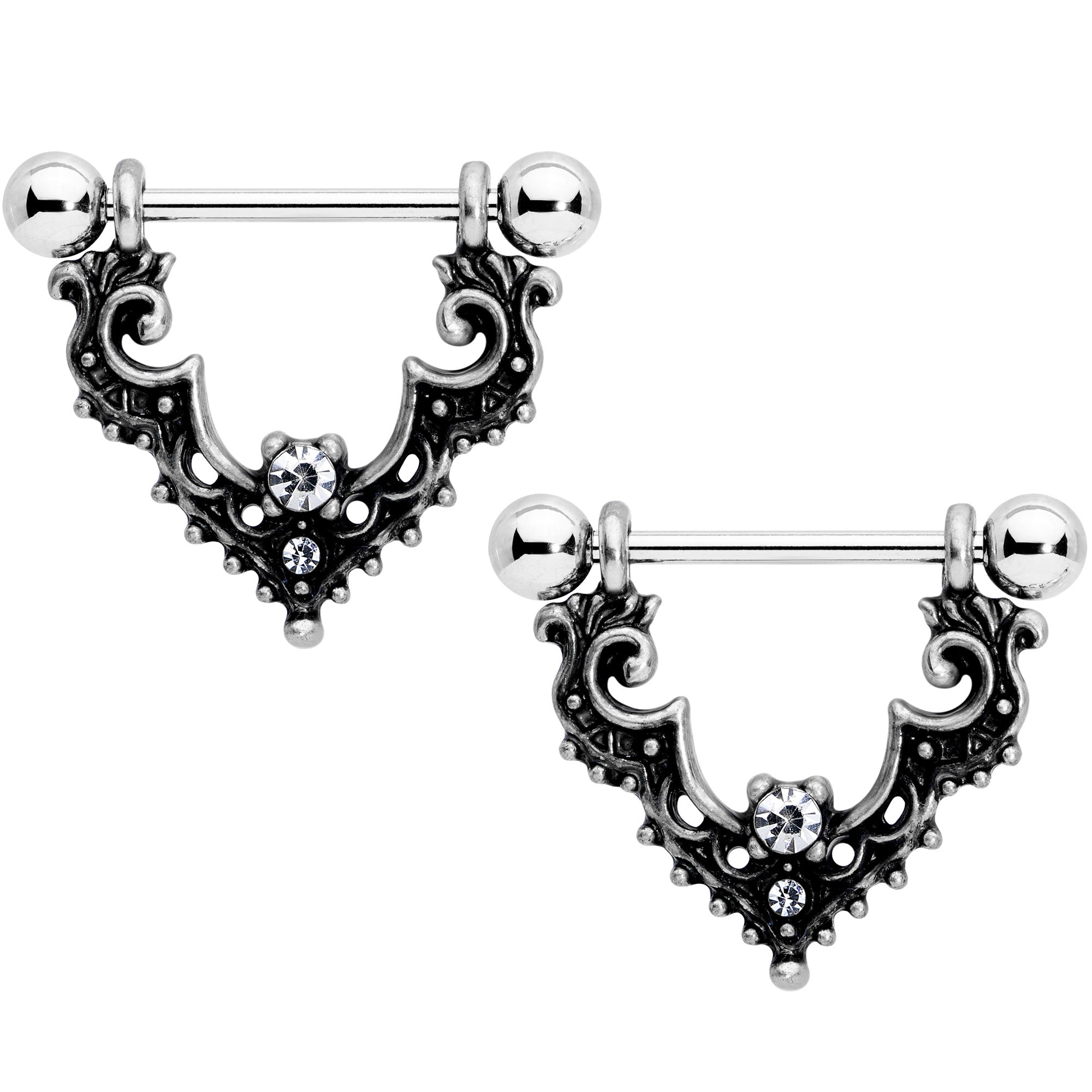14G 9/16 Clear Gem Baroque Bat Nipple Shield Set