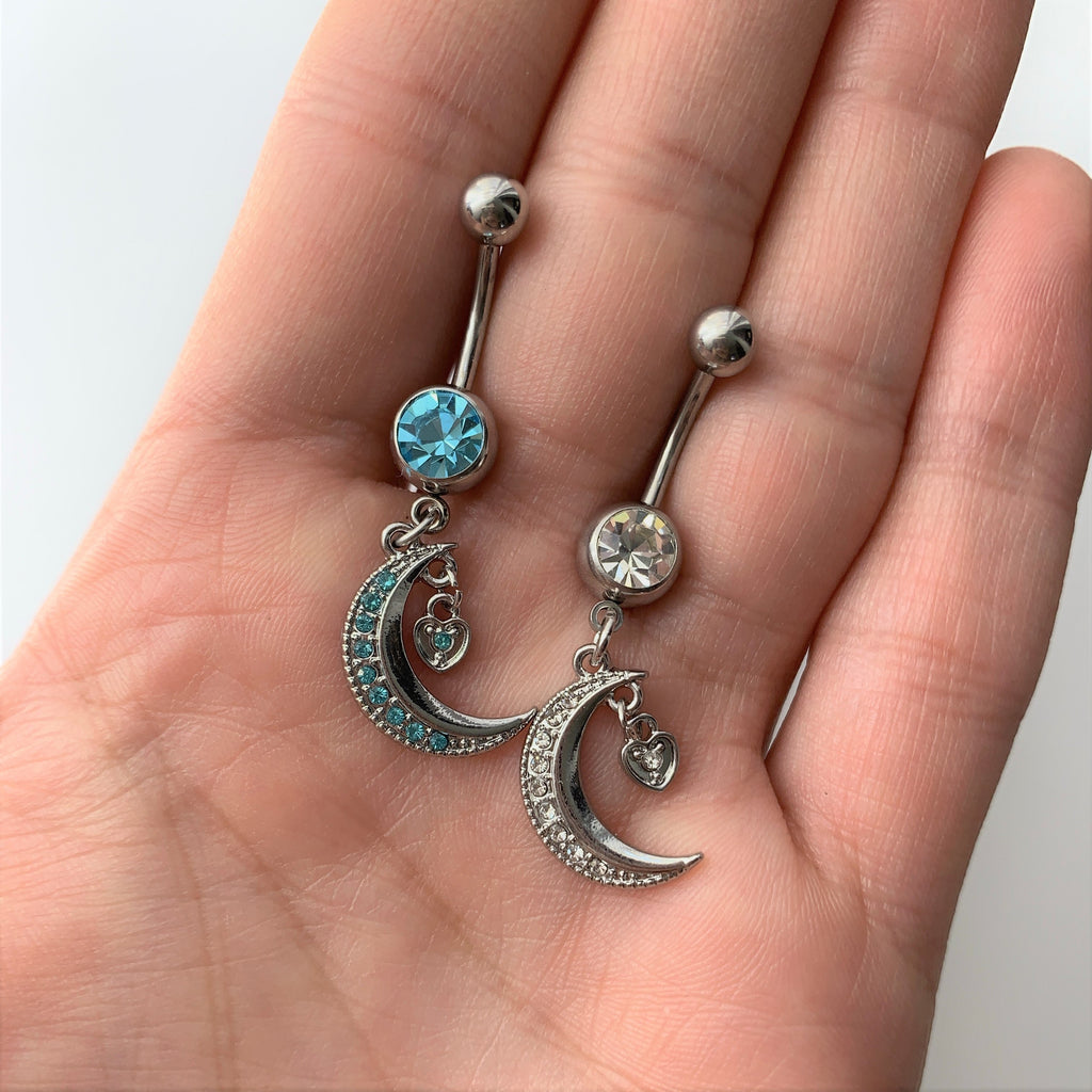 Clear CZ Gem Heart Padlock Crescent Moon Dangle Belly Ring