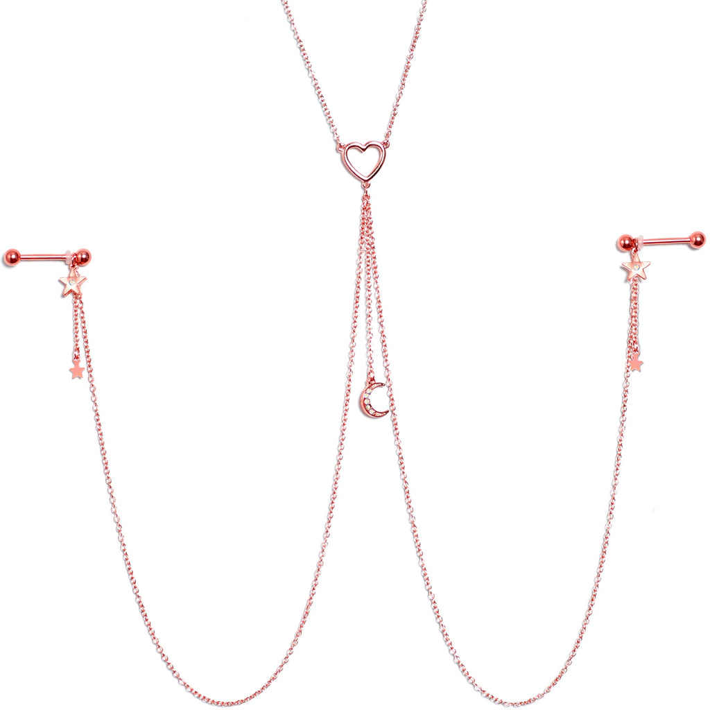 14G 5/8 Aurora Gem Rose Gold Hue Star Moon Nipple Chain Necklace