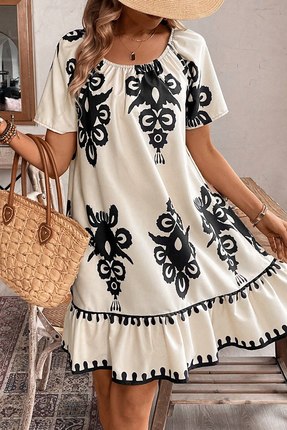 Print Ruffled Short Sleeve Loose Dress