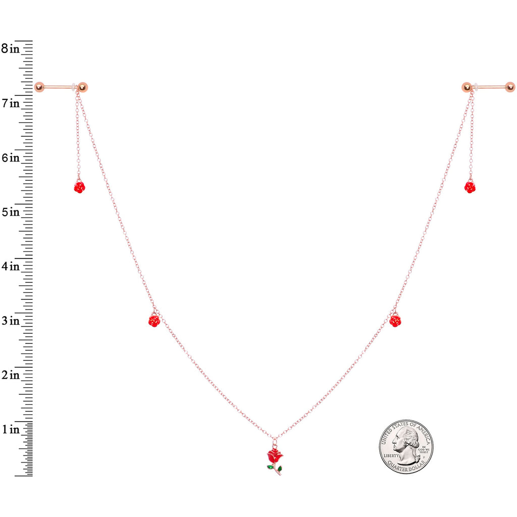 14G 9/16 Gold Tone Red Flower Valentine Dangle Nipple Chain