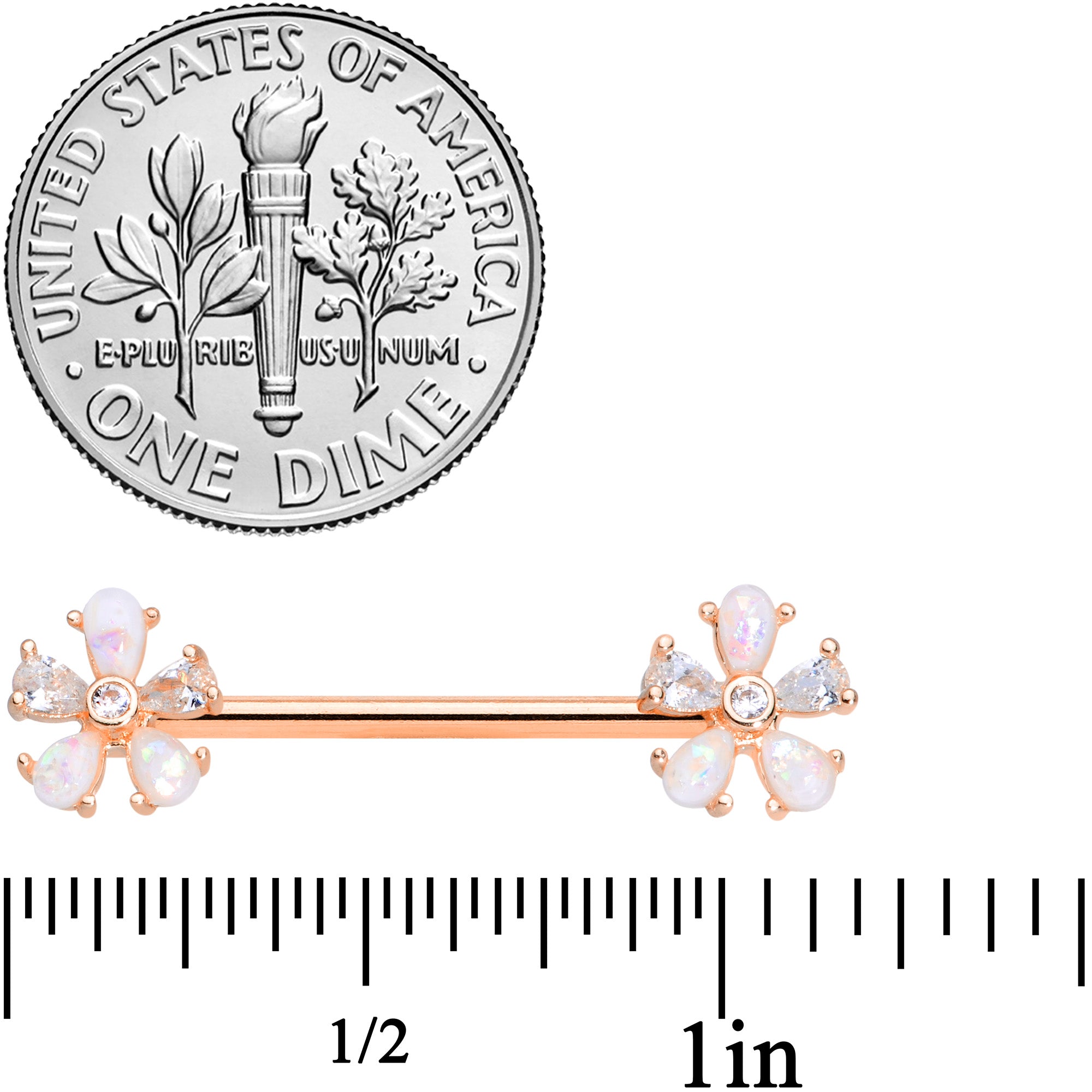 14G 9/16 White Faux Opal Rose Gold Tone Flower Barbell Nipple Set